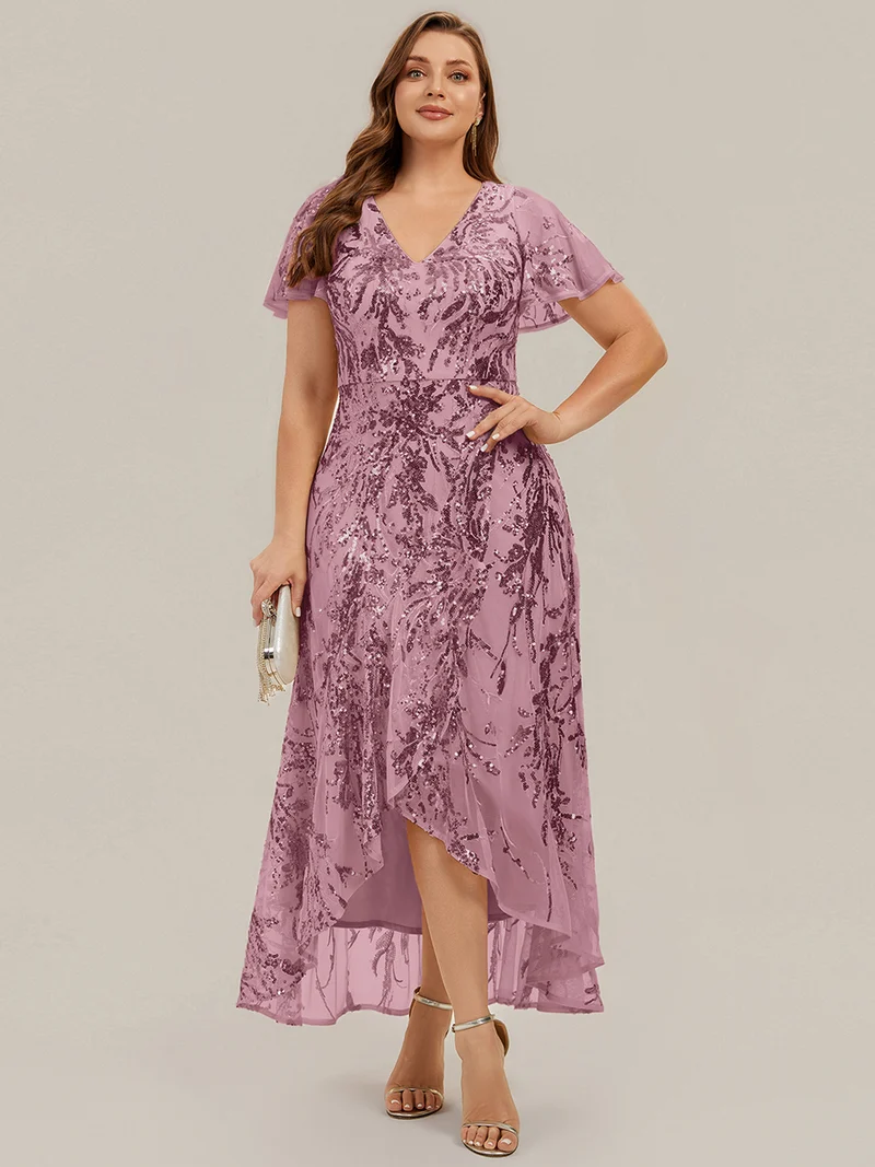 Robe à volants asymétrique à manches papillon en sequins
