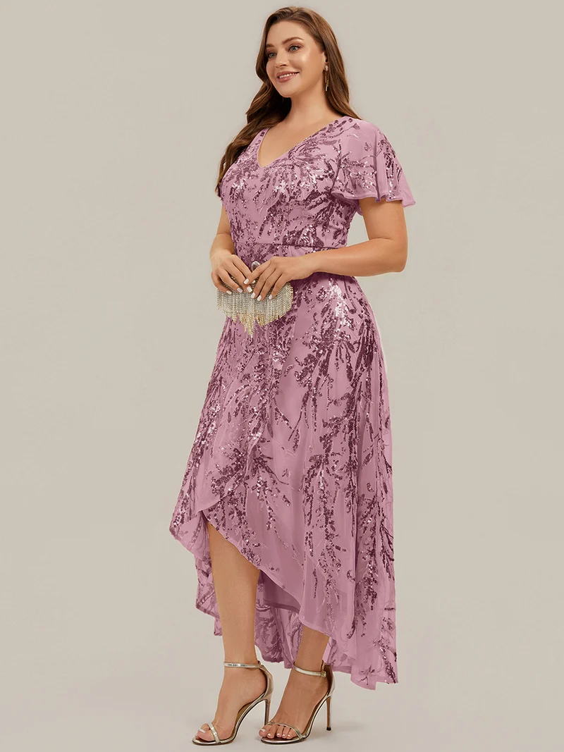 Robe à volants asymétrique à manches papillon en sequins