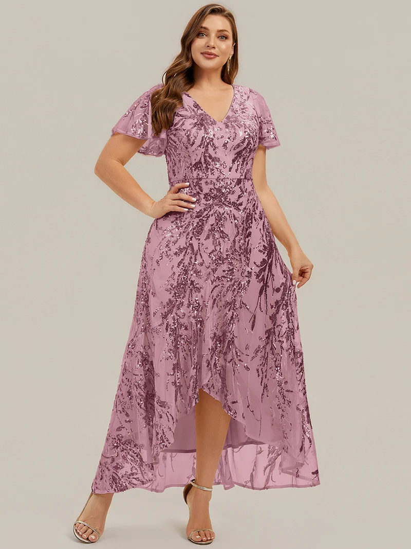 Robe à volants asymétrique à manches papillon en sequins