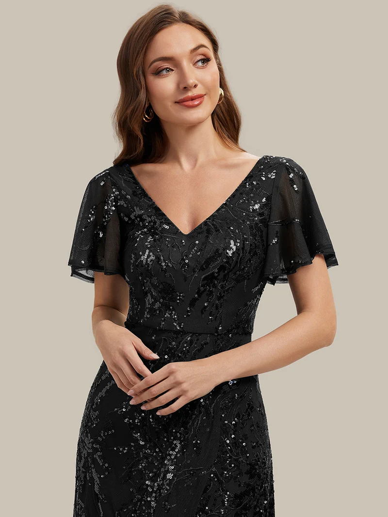 Robe à volants asymétrique à manches papillon en sequins