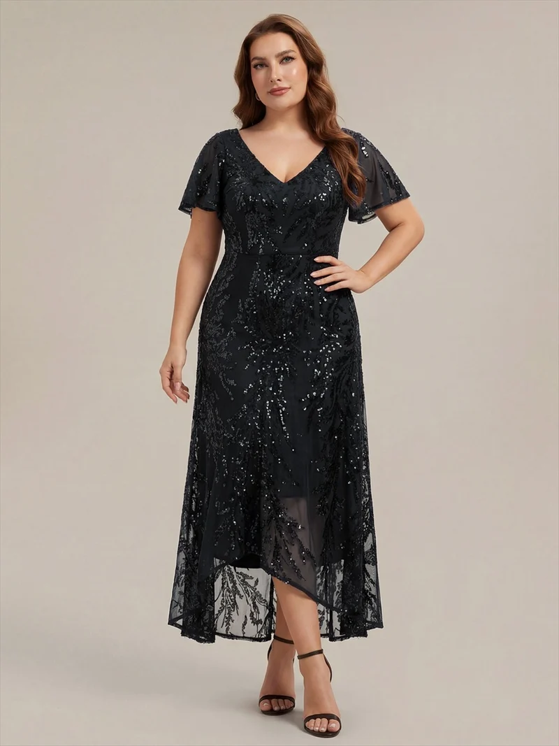 Robe à volants asymétrique à manches papillon en sequins