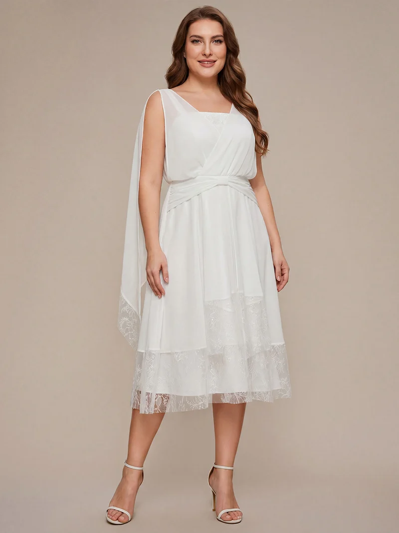 Robe midi trapèze en mousseline avec détails en dentelle col V