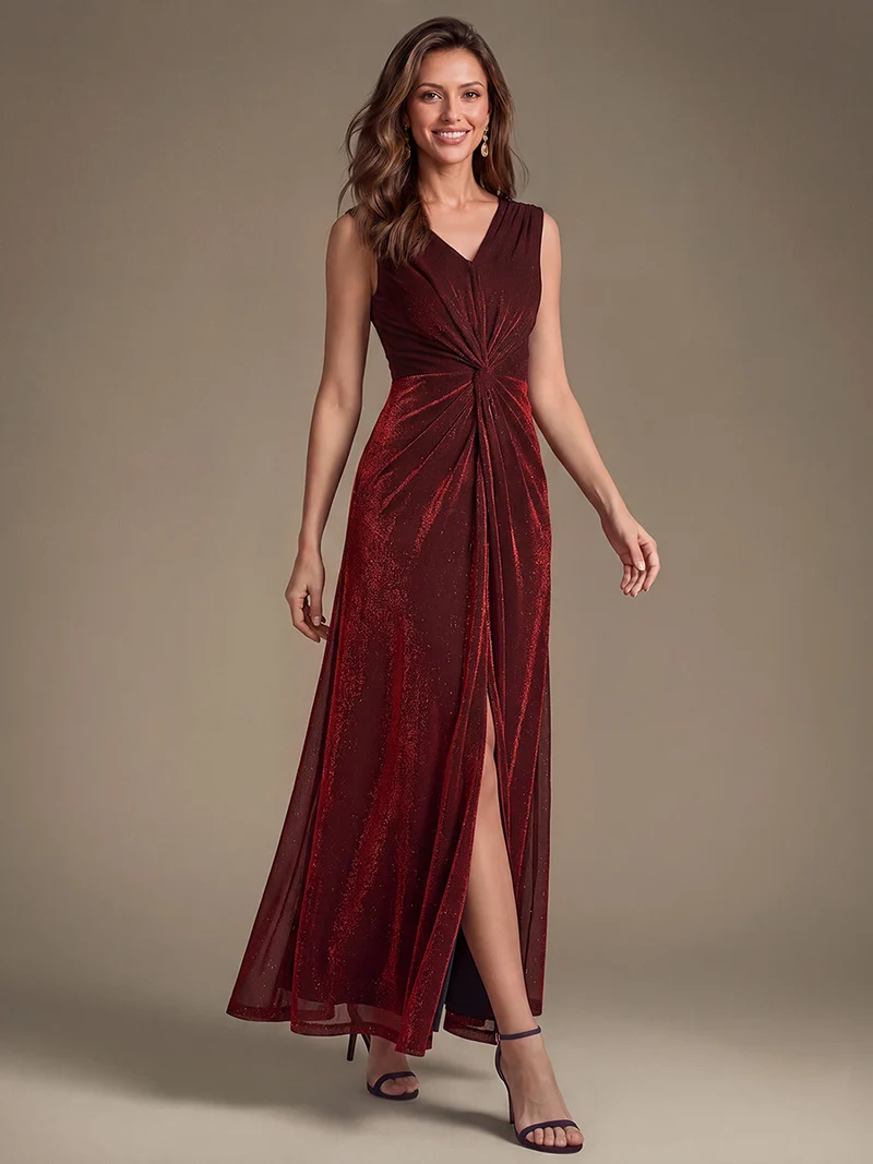 Robe longue scintillante à détail noué col V