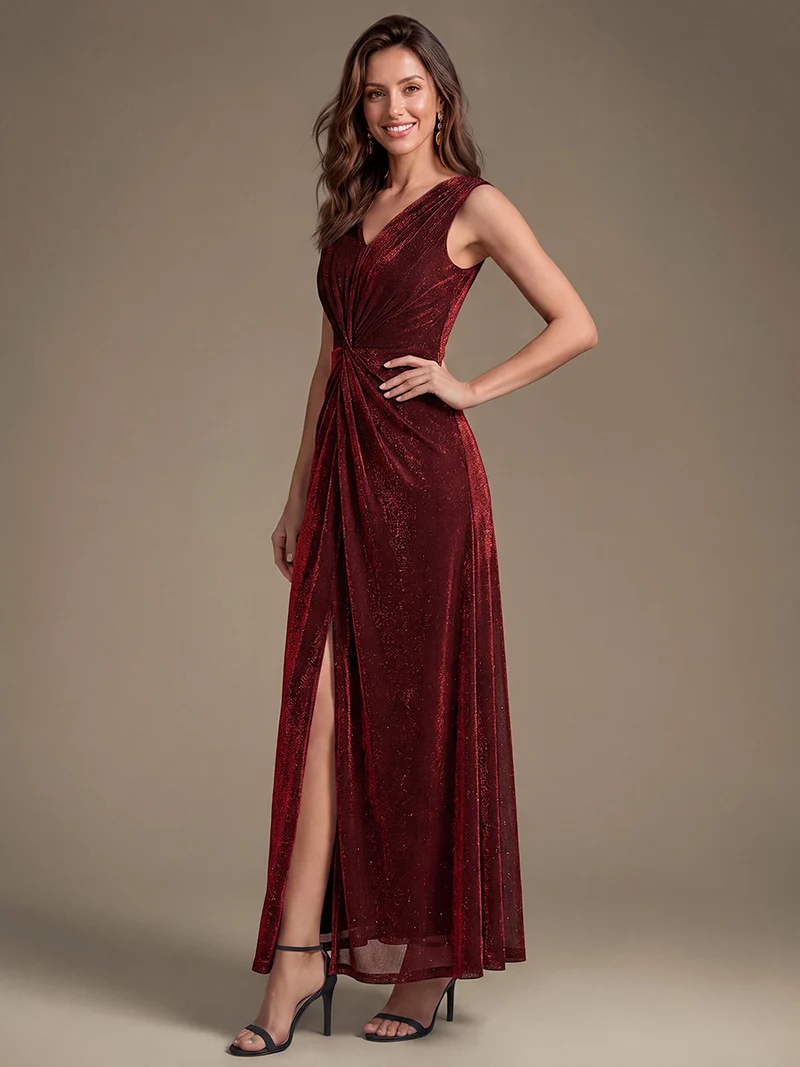 Robe longue scintillante à détail noué col V