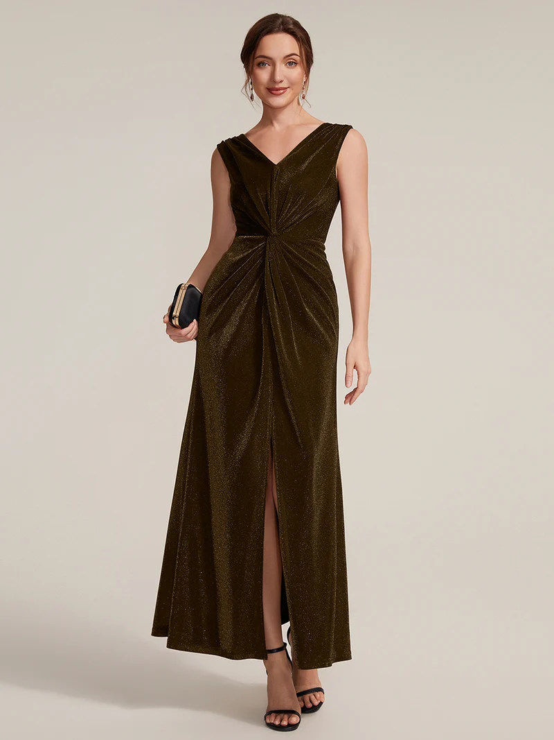 Robe longue scintillante à détail noué col V