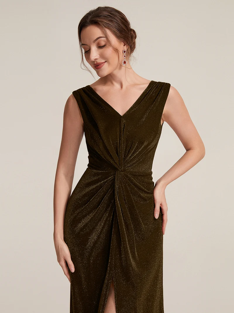 Robe longue scintillante à détail noué col V