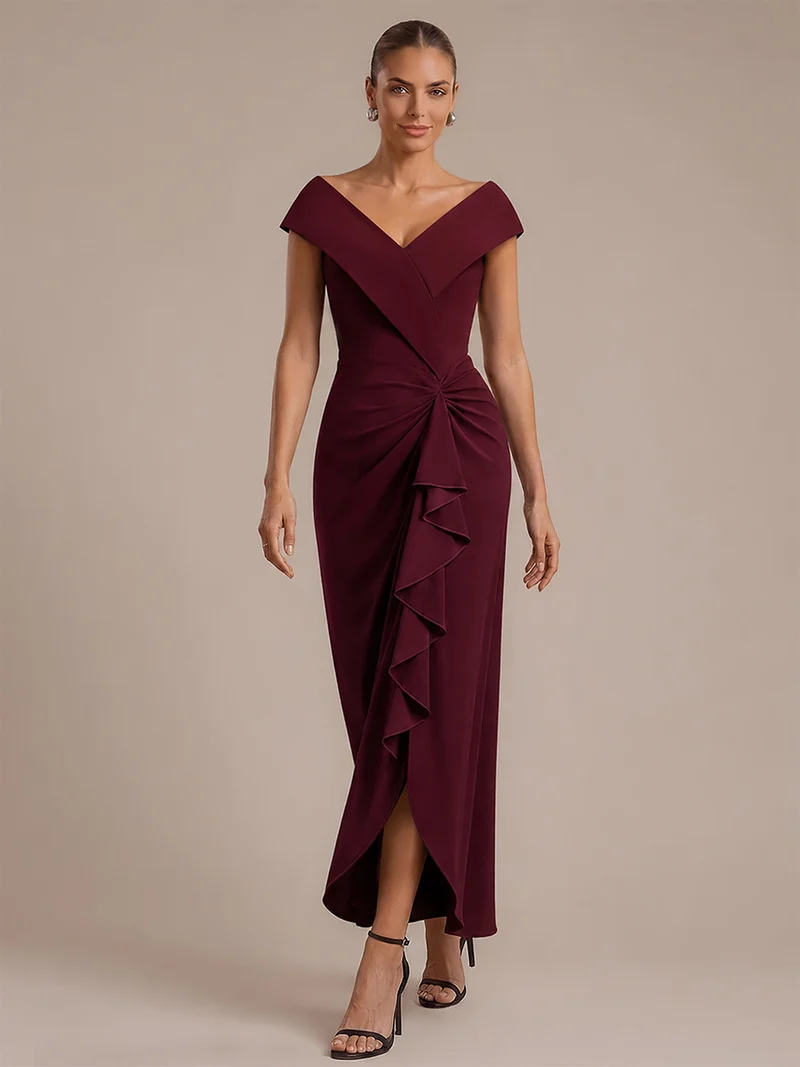 Robe de soirée sirène sans manches à col V, tissu extensible et coupe élégante