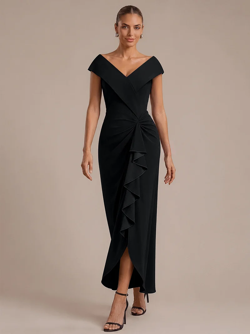 Robe de soirée sirène sans manches à col V, tissu extensible et coupe élégante