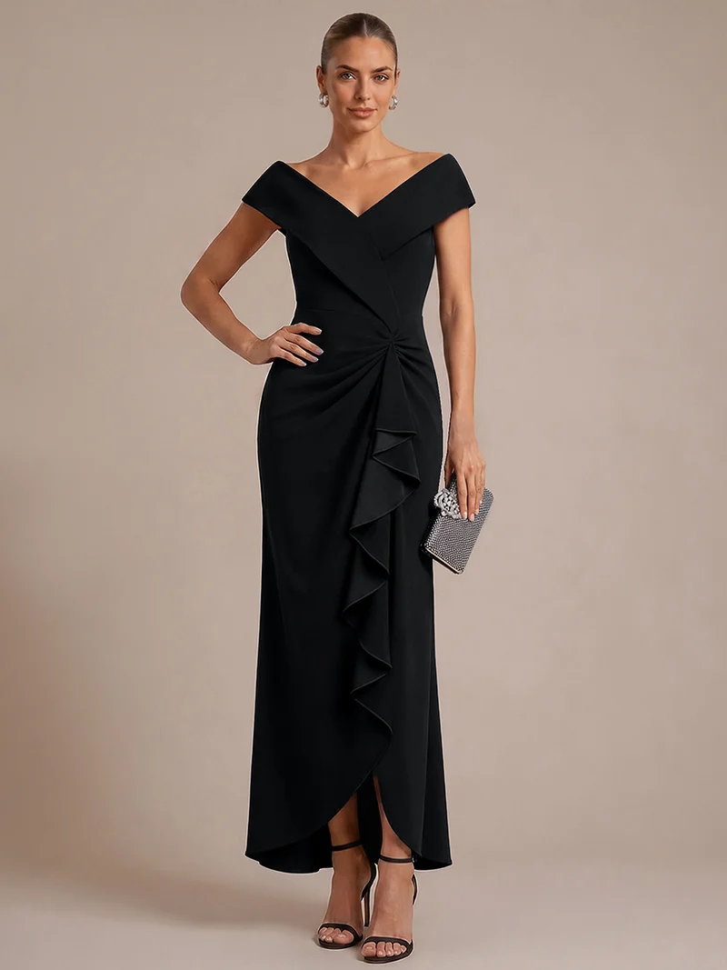 Robe de soirée sirène sans manches à col V, tissu extensible et coupe élégante