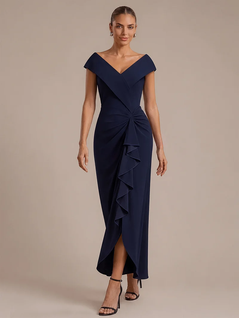 Robe de soirée sirène sans manches à col V, tissu extensible et coupe élégante