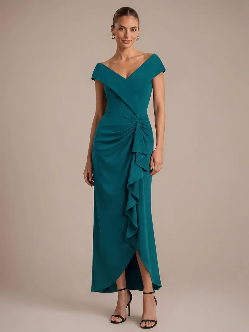 Robe de soirée sirène sans manches à col V, tissu extensible et coupe élégante