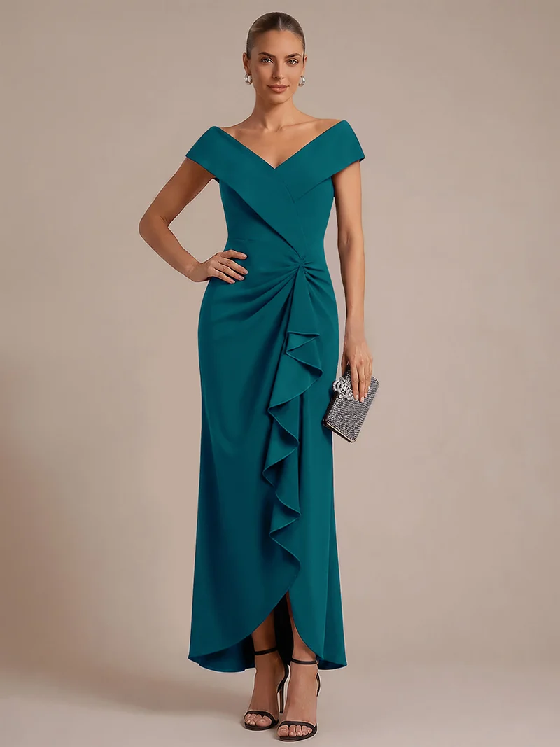 Robe de soirée sirène sans manches à col V, tissu extensible et coupe élégante