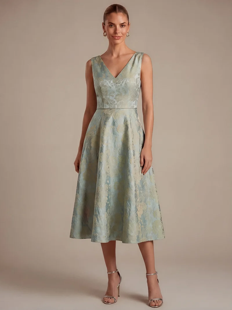 Robe midi A ligne sans manches décolletée en V avec détails imprimés