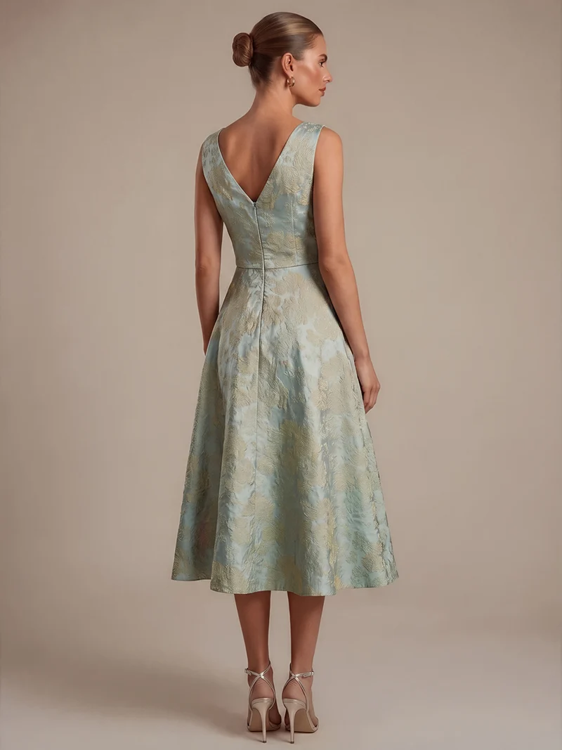 Robe midi A ligne sans manches décolletée en V avec détails imprimés