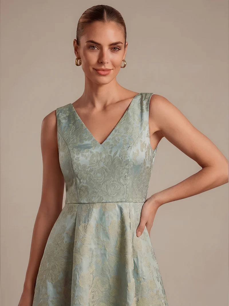 Robe midi A ligne sans manches décolletée en V avec détails imprimés