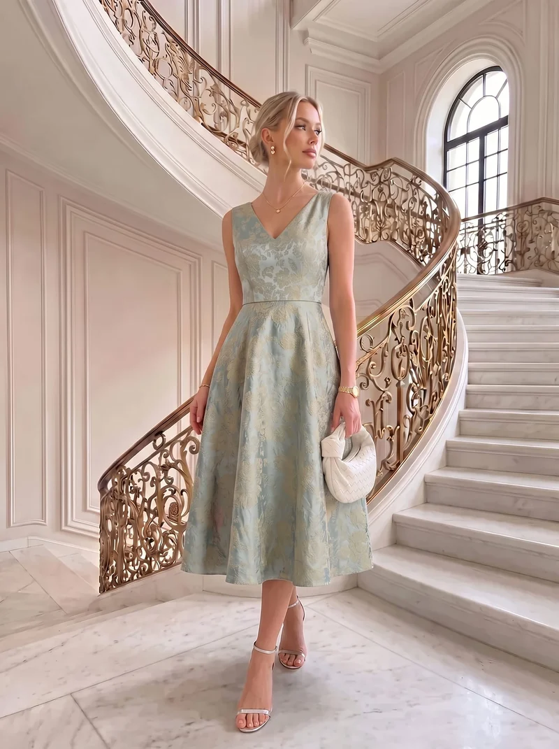 Robe midi A ligne sans manches décolletée en V avec détails imprimés
