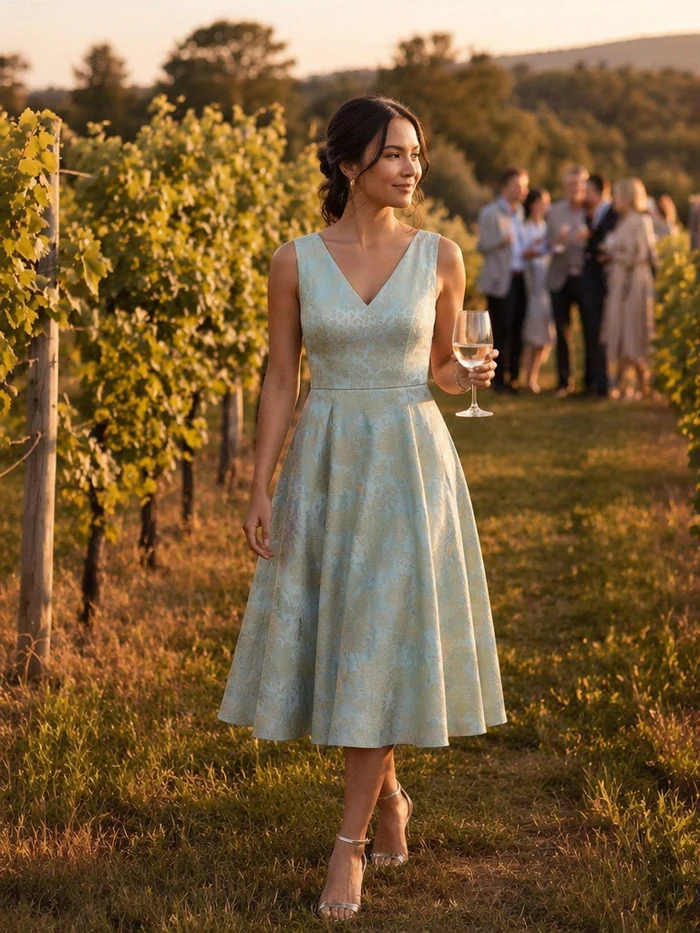 Robe midi A ligne sans manches décolletée en V avec détails imprimés