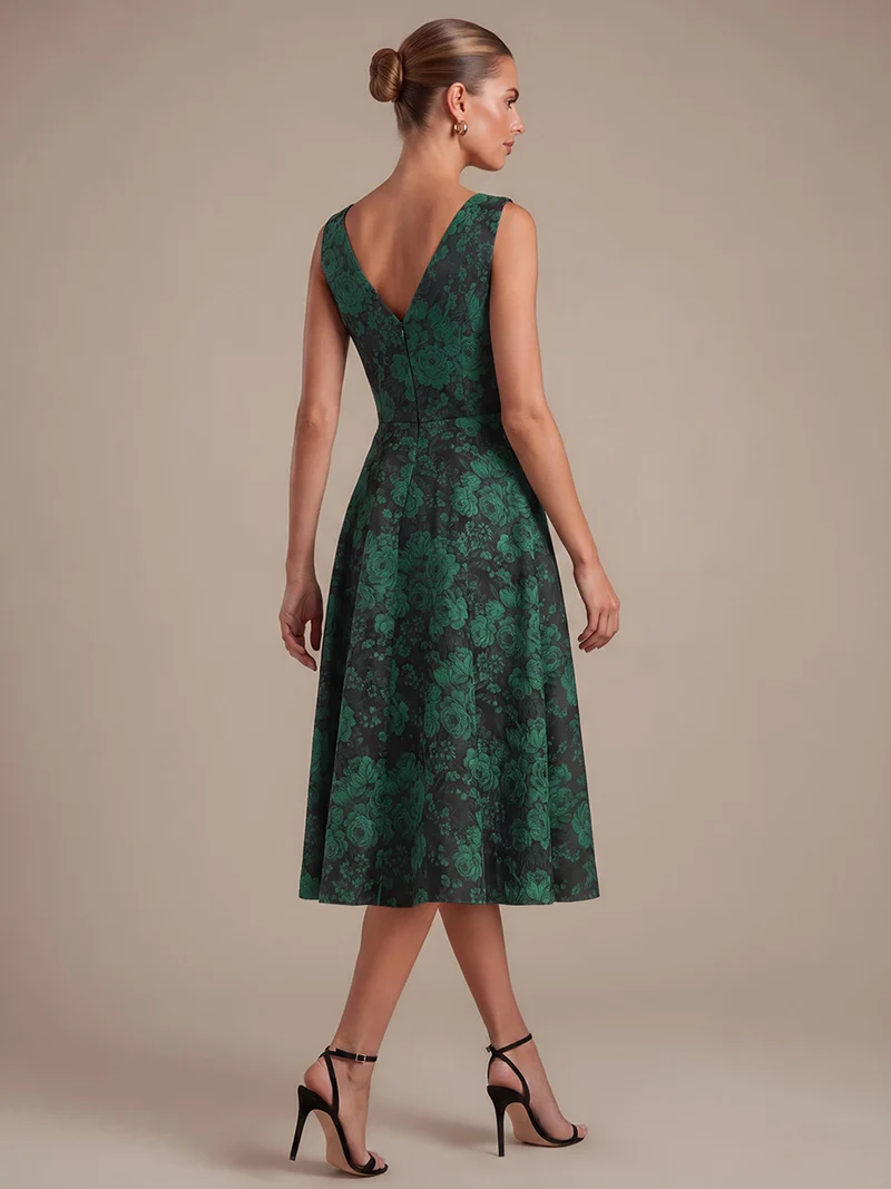 Robe midi A ligne sans manches décolletée en V avec détails imprimés