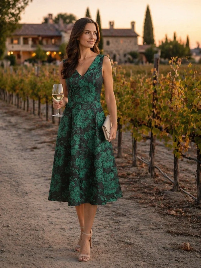 Robe midi A ligne sans manches décolletée en V avec détails imprimés