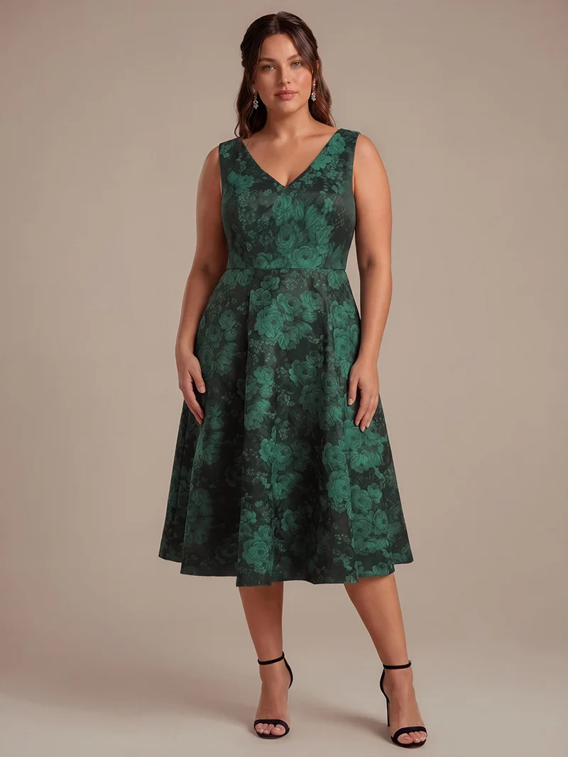 Robe midi A ligne sans manches décolletée en V avec détails imprimés