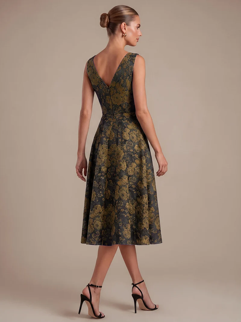 Robe midi A ligne sans manches décolletée en V avec détails imprimés