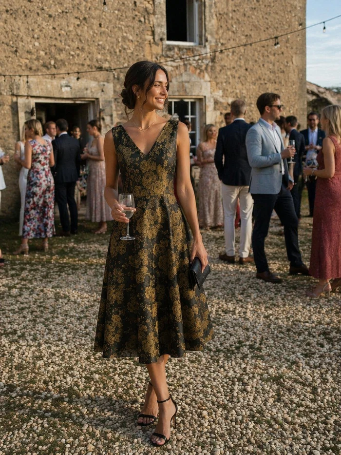 Robe midi A ligne sans manches décolletée en V avec détails imprimés