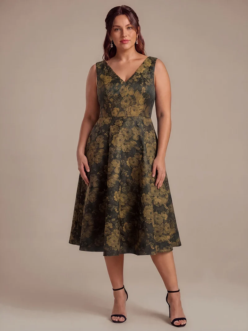 Robe midi A ligne sans manches décolletée en V avec détails imprimés