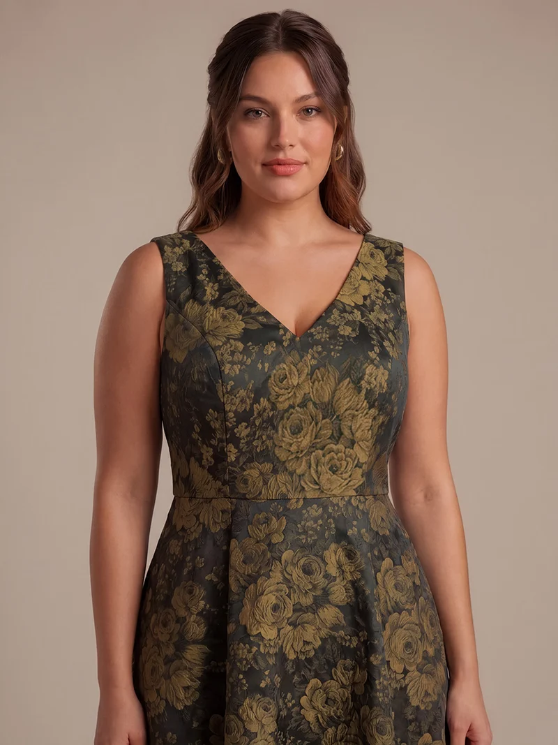 Robe midi A ligne sans manches décolletée en V avec détails imprimés
