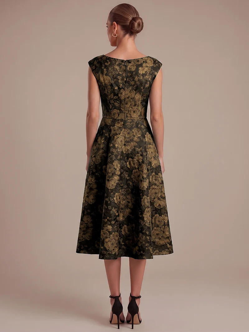 Robe midi évasée à manches courtes imprimée avec col rond et fermeture éclair au dos