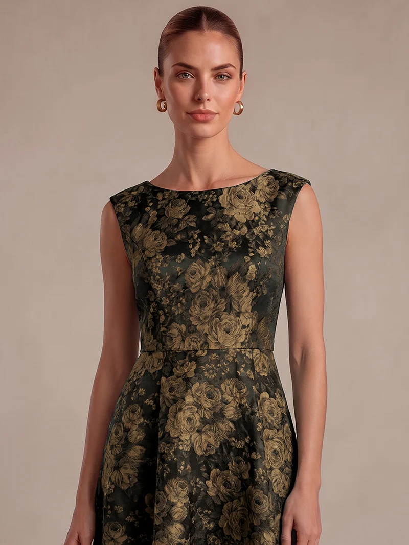 Robe midi évasée à manches courtes imprimée avec col rond et fermeture éclair au dos