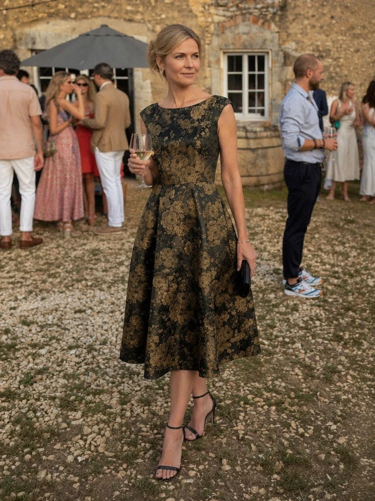 Robe midi évasée à manches courtes imprimée avec col rond et fermeture éclair au dos