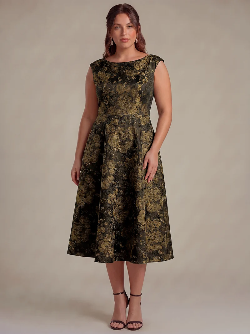 Robe midi évasée à manches courtes imprimée avec col rond et fermeture éclair au dos