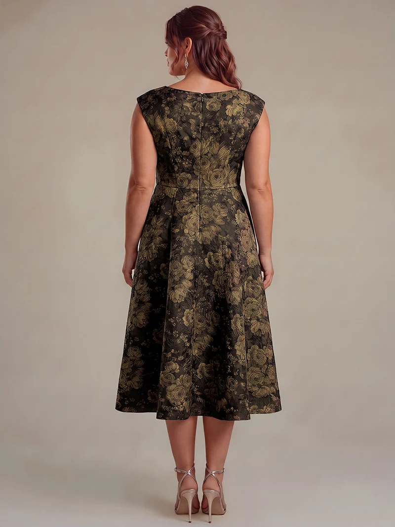 Robe midi évasée à manches courtes imprimée avec col rond et fermeture éclair au dos