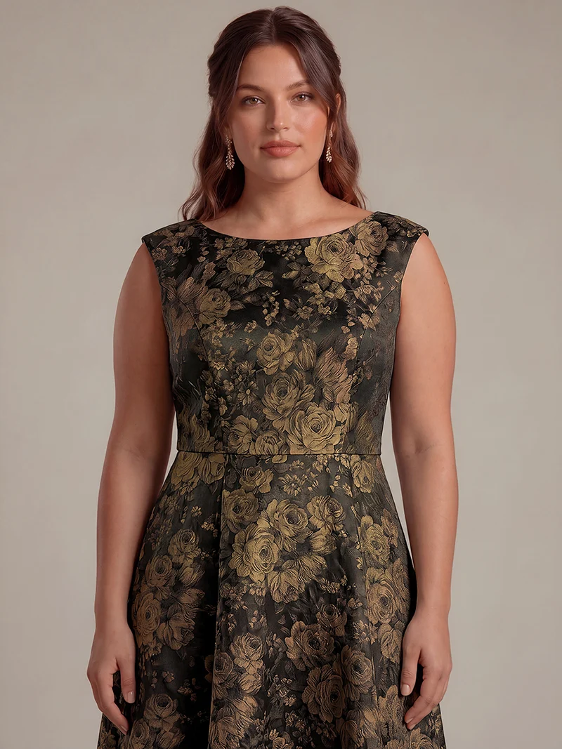 Robe midi évasée à manches courtes imprimée avec col rond et fermeture éclair au dos