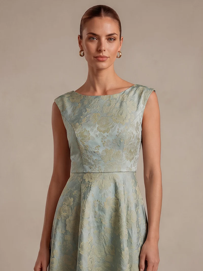 Robe midi évasée à manches courtes imprimée avec col rond et fermeture éclair au dos