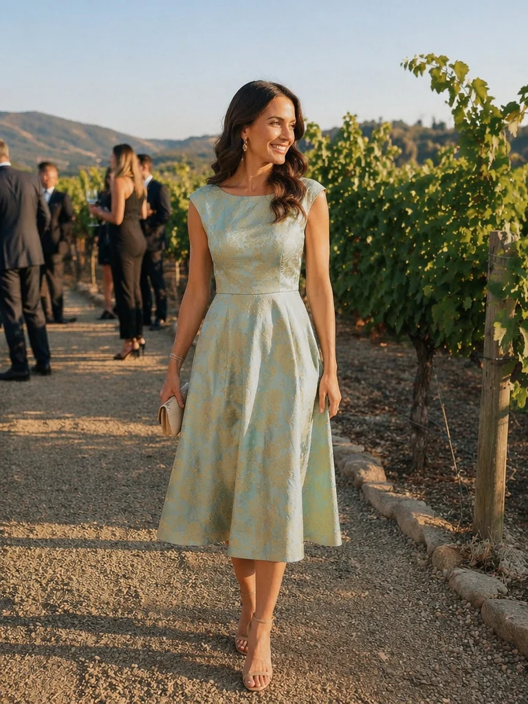 Robe midi évasée à manches courtes imprimée avec col rond et fermeture éclair au dos