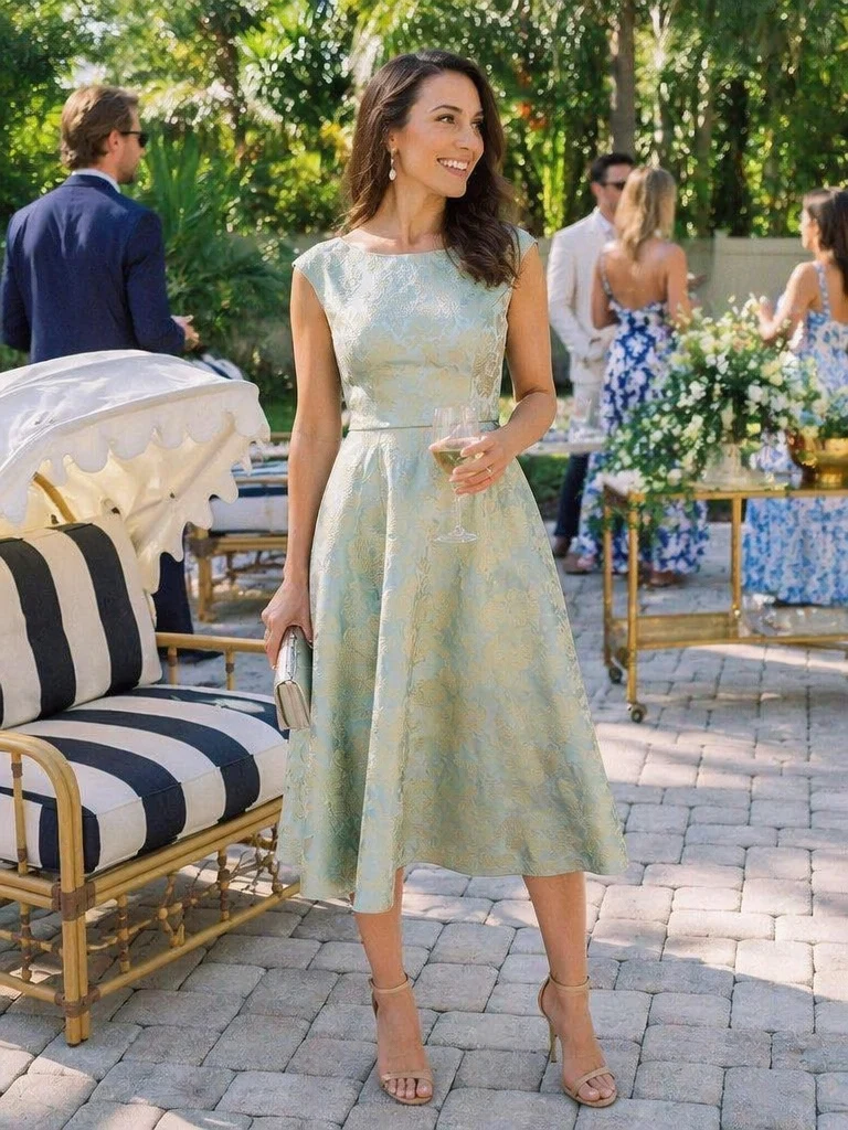 Robe midi évasée à manches courtes imprimée avec col rond et fermeture éclair au dos