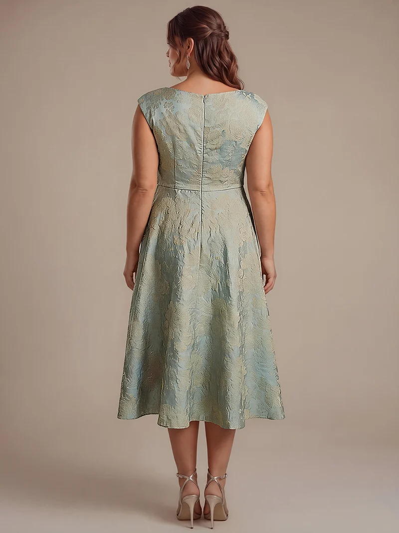 Robe midi évasée à manches courtes imprimée avec col rond et fermeture éclair au dos