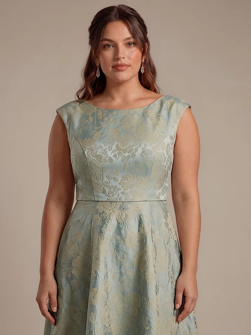 Robe midi évasée à manches courtes imprimée avec col rond et fermeture éclair au dos
