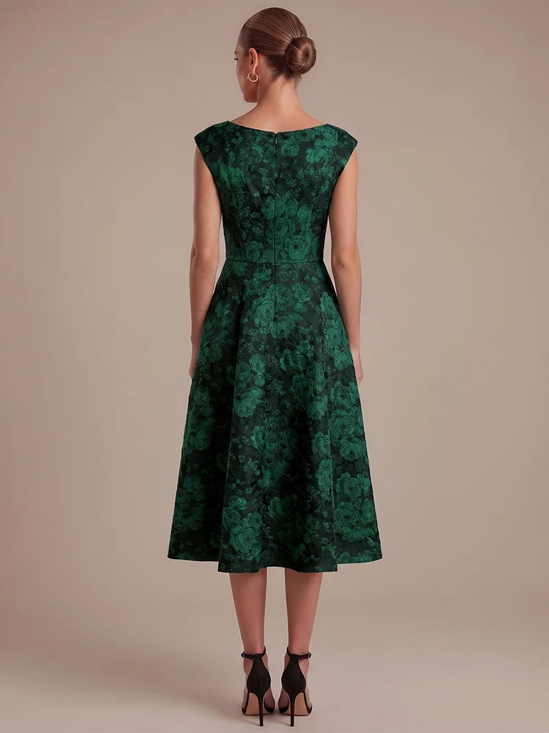 Robe midi évasée à manches courtes imprimée avec col rond et fermeture éclair au dos