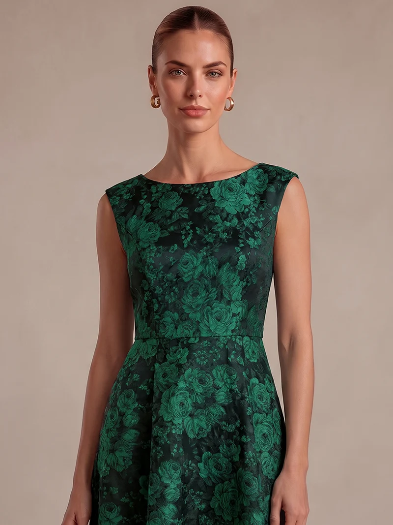 Robe midi évasée à manches courtes imprimée avec col rond et fermeture éclair au dos