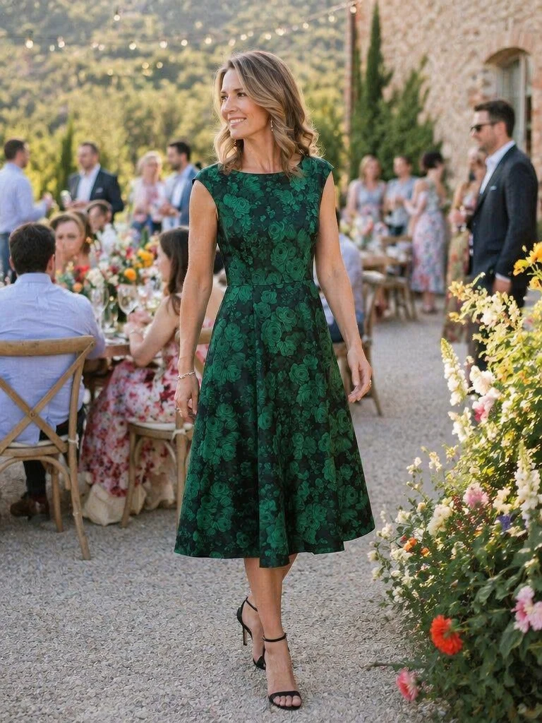 Robe midi évasée à manches courtes imprimée avec col rond et fermeture éclair au dos