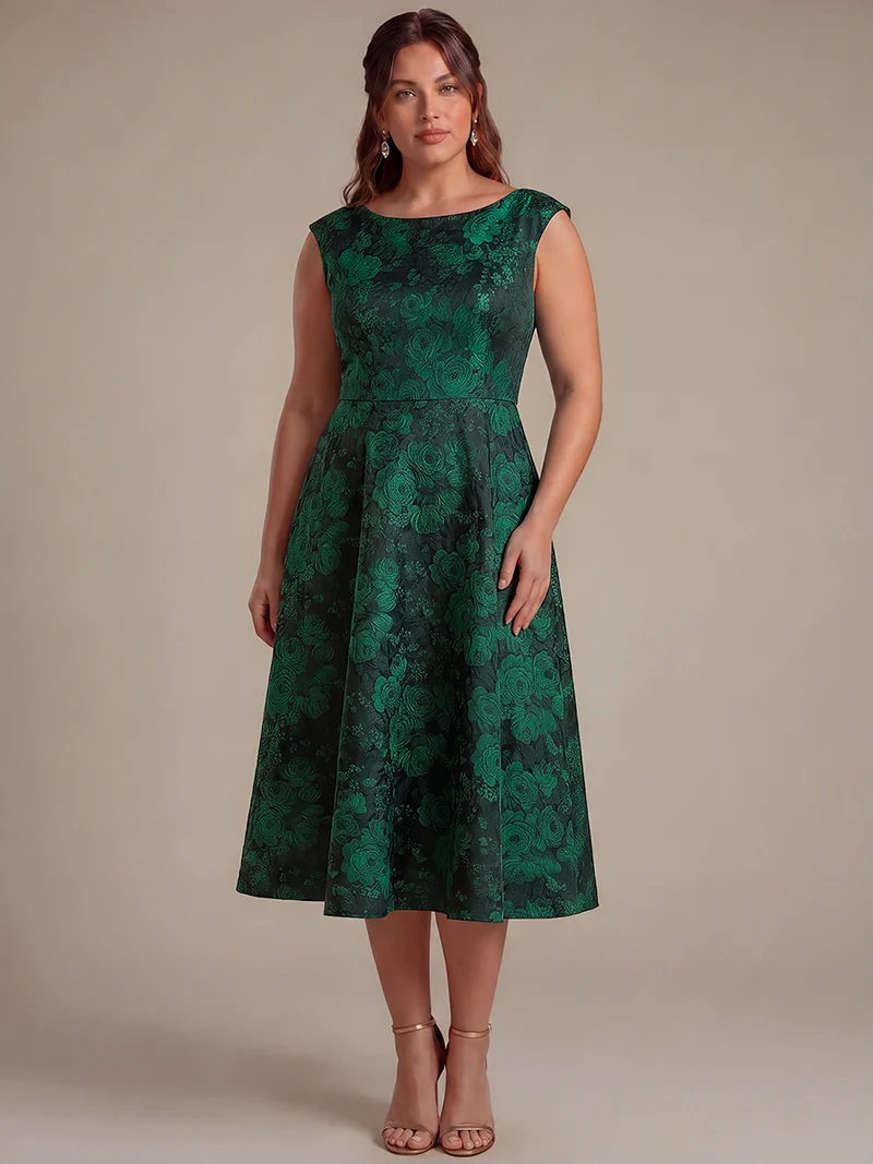 Robe midi évasée à manches courtes imprimée avec col rond et fermeture éclair au dos
