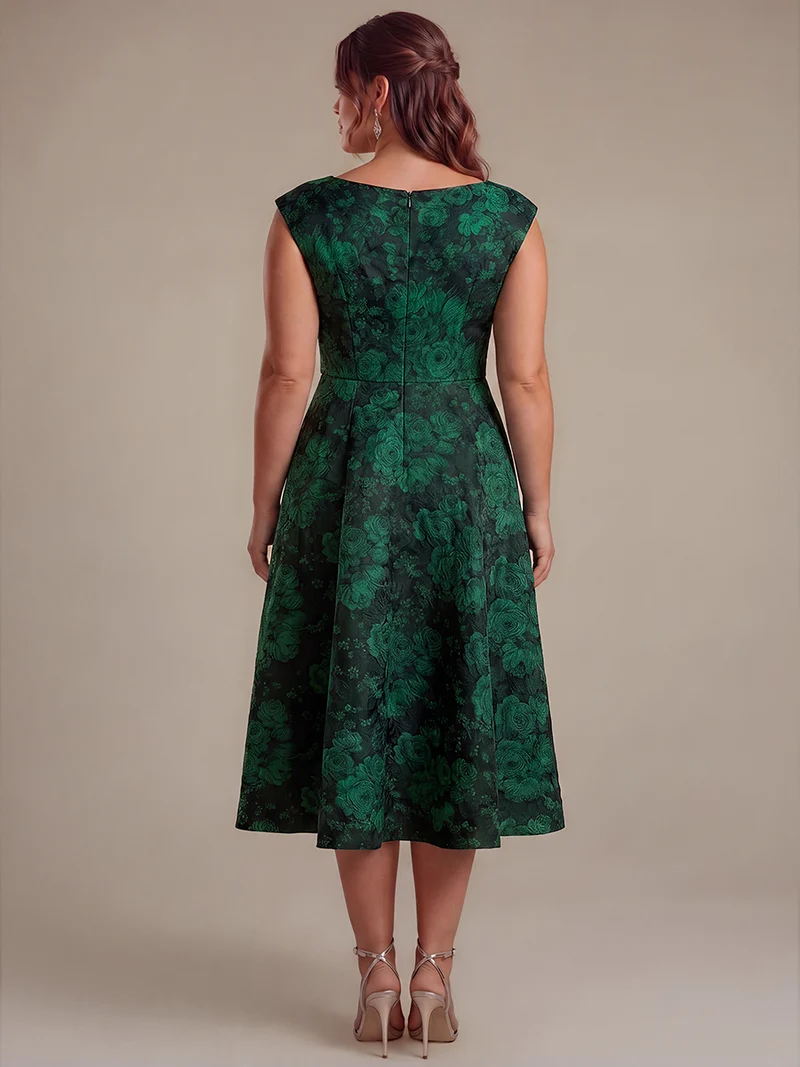 Robe midi évasée à manches courtes imprimée avec col rond et fermeture éclair au dos