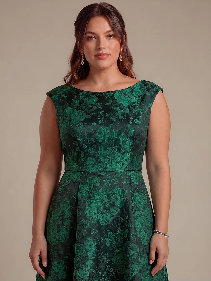 Robe midi évasée à manches courtes imprimée avec col rond et fermeture éclair au dos