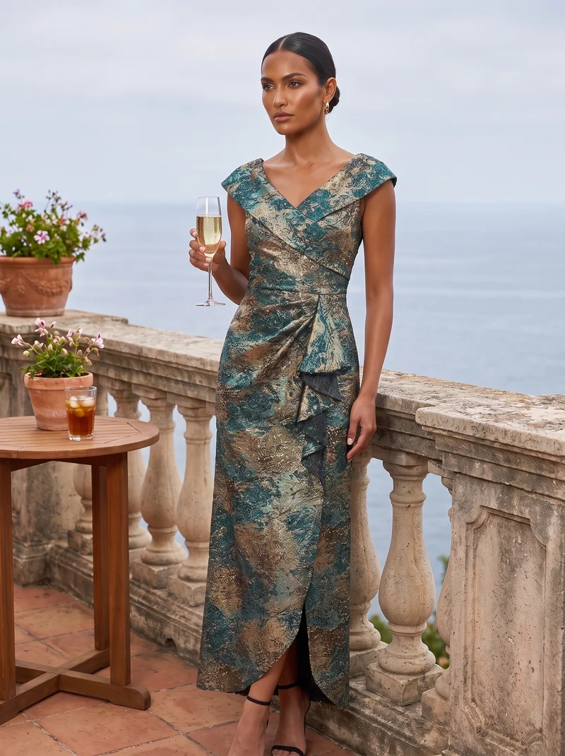 Robe de soirée en jacquard col V avec coupe sirène asymétrique
