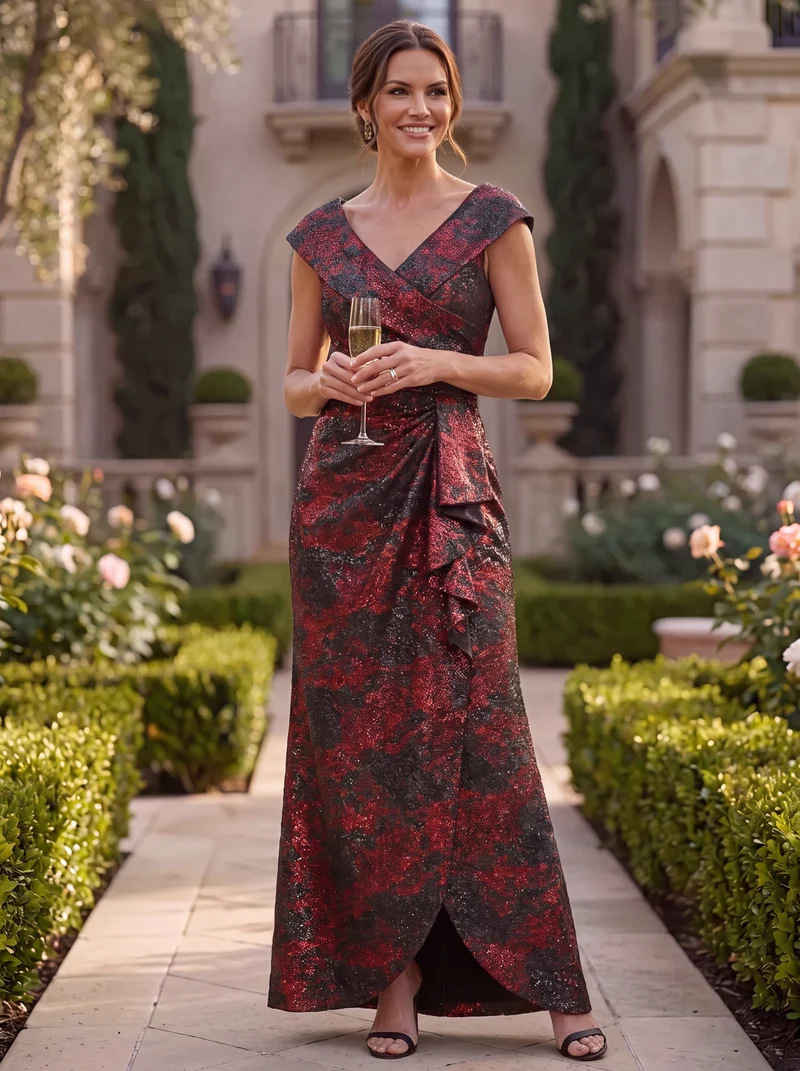 Robe de soirée en jacquard col V avec coupe sirène asymétrique