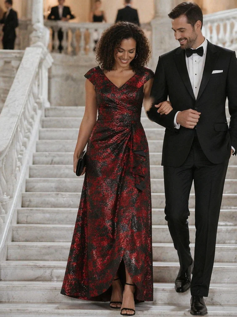 Robe de soirée en jacquard col V avec coupe sirène asymétrique