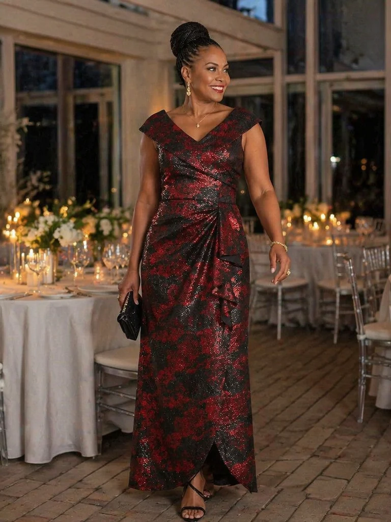 Robe de soirée en jacquard col V avec coupe sirène asymétrique