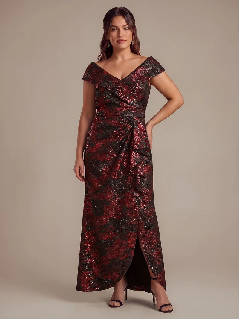 Robe de soirée en jacquard col V avec coupe sirène asymétrique